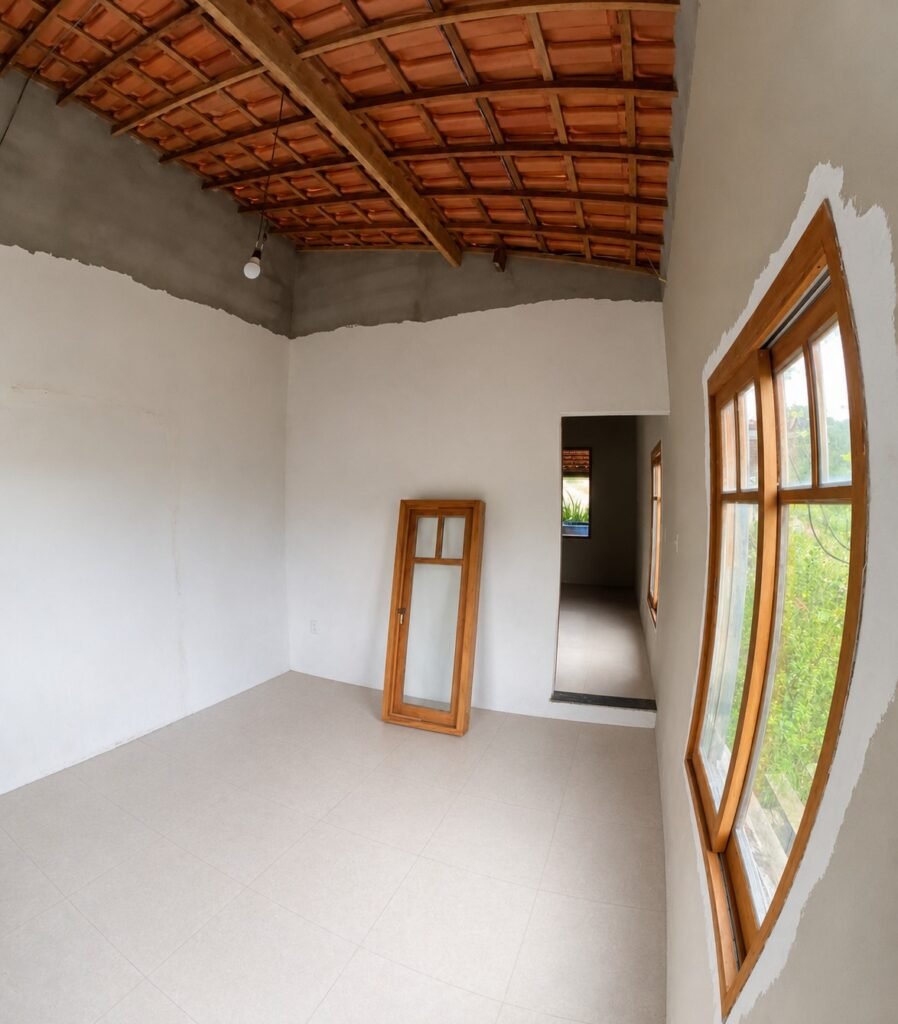 Quarto com portas e esquadrias de madeira, de sítio na Malhada de Areia, em Piatã, na Chapada Diamantina