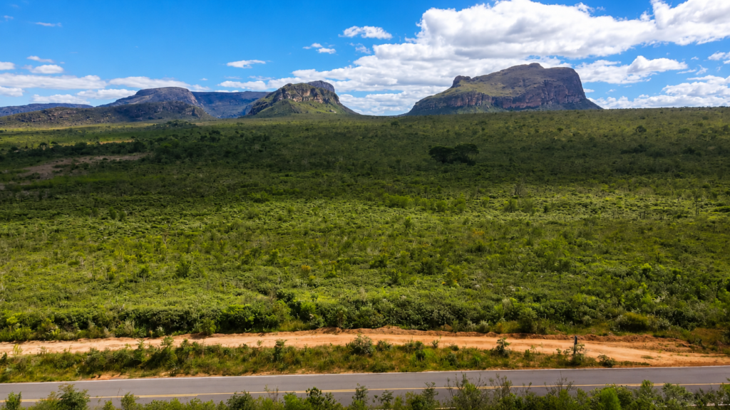 Estrada de asfalto e Vista panorâmica de fazenda com potencial para cultivo de café especial, em Piatã, na Chapada Diamantina, Bahia